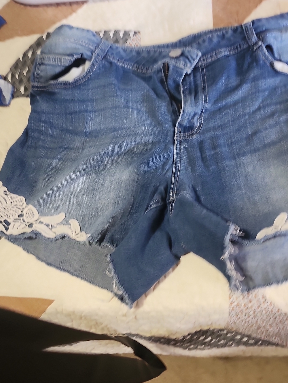 Faded Glory Blue Denim Shorts with White Crochet Trim